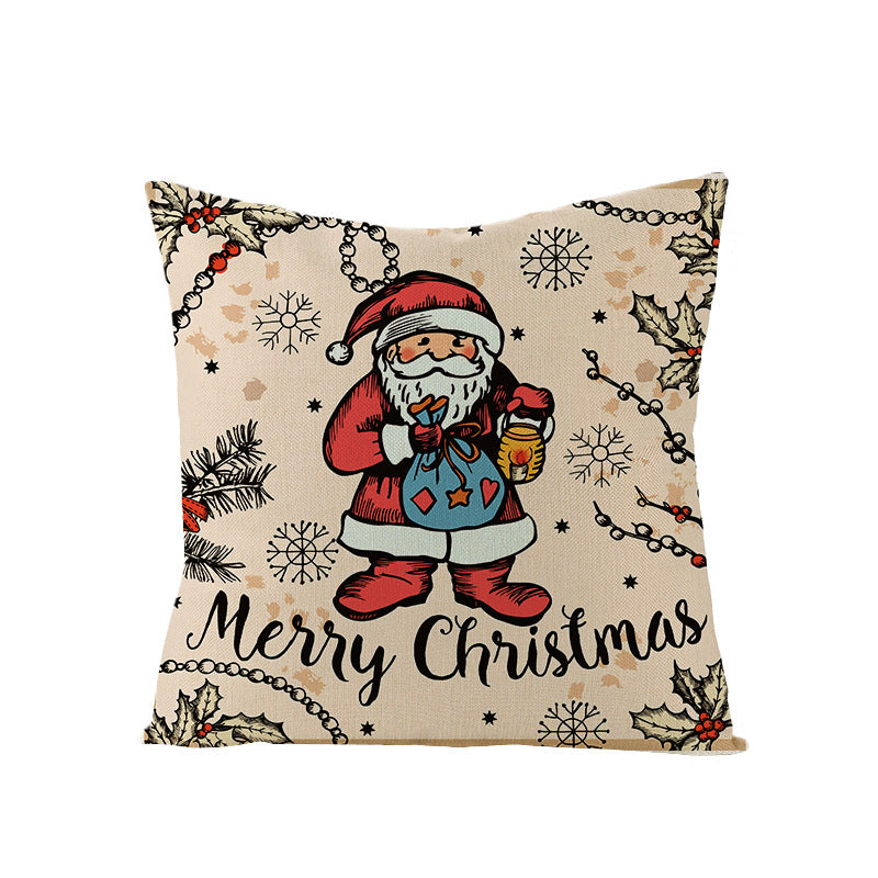 Festive Linen-Texture Holiday Throw Pillow Cover with Antler Motif and Poinsettia Accent