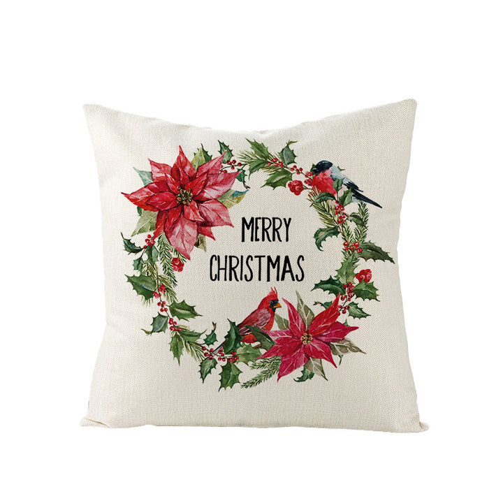 Festive Linen-Texture Holiday Throw Pillow Cover with Antler Motif and Poinsettia Accent