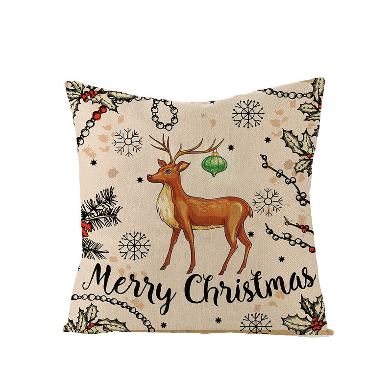 Festive Linen-Texture Holiday Throw Pillow Cover with Antler Motif and Poinsettia Accent