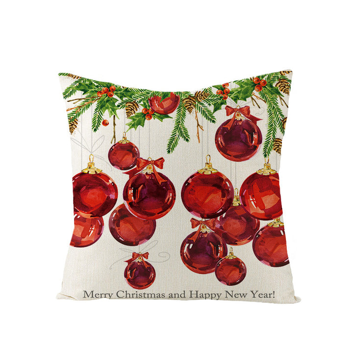 Festive Linen-Texture Holiday Throw Pillow Cover with Antler Motif and Poinsettia Accent