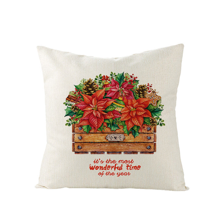 Festive Linen-Texture Holiday Throw Pillow Cover with Antler Motif and Poinsettia Accent