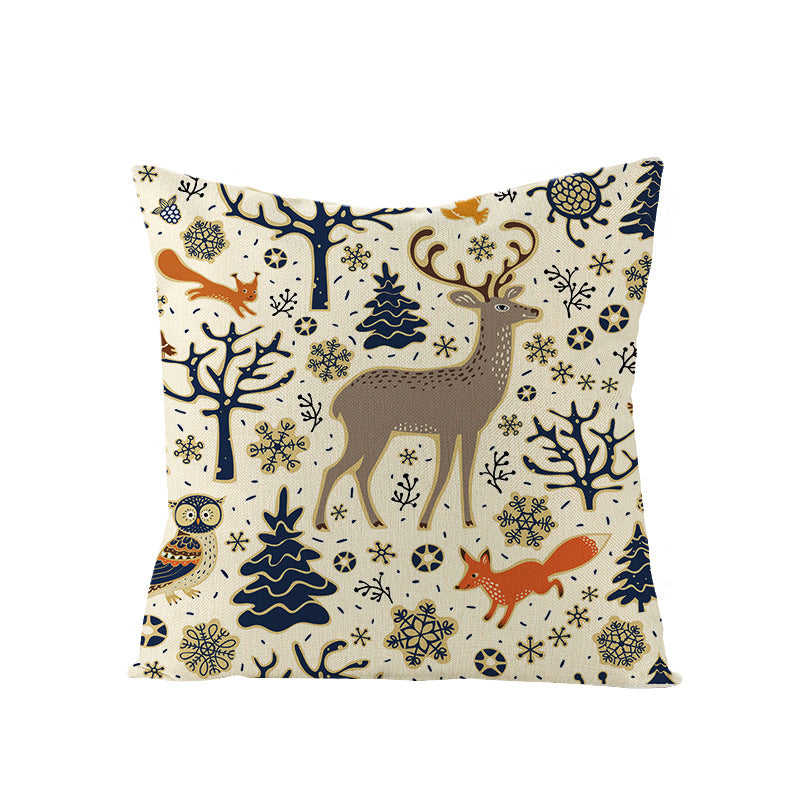Festive Linen-Texture Holiday Throw Pillow Cover with Antler Motif and Poinsettia Accent