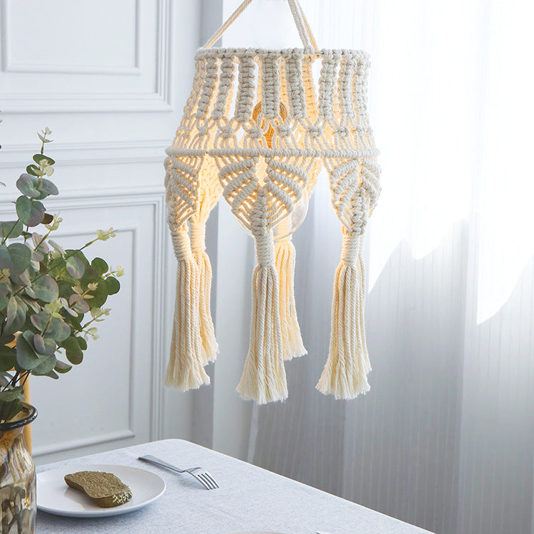 Macramé pendant light with hand-knotted cotton shade and decorative fringes Stornfield
