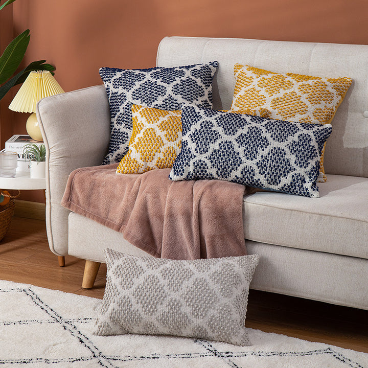 Decorative square cushion cover made of cotton-linen with tufted stripes and bouclé accents
