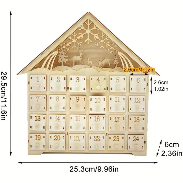 Illuminated wooden Advent calendar in cabin design