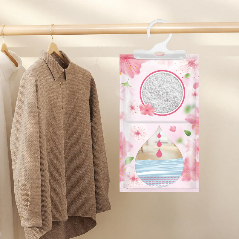 Scented hanging dehumidifier bag for wardrobes