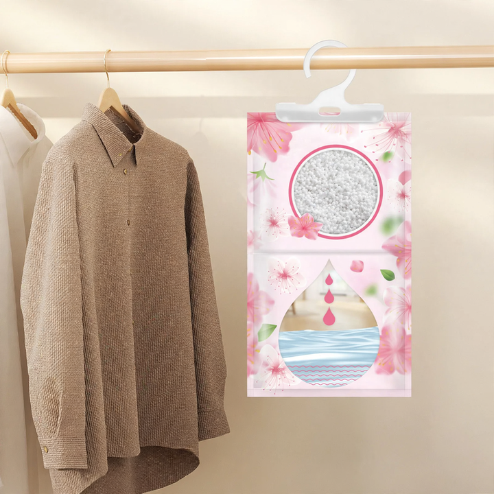 Scented hanging dehumidifier bag for wardrobes
