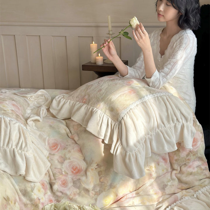 Bed linen set made of milk fiber fleece, embroidered, French style