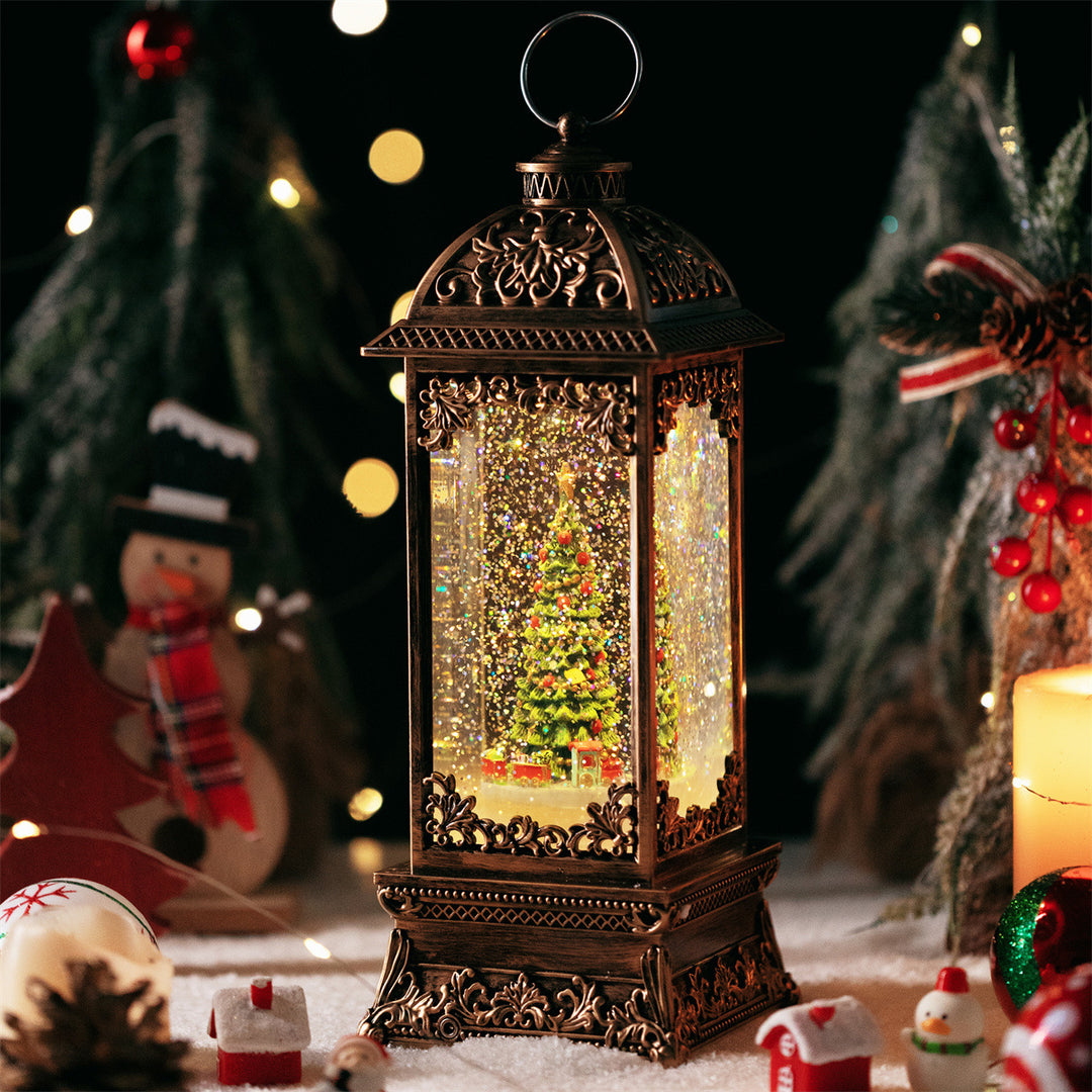 Retro music box with train motif and LED snow globe
