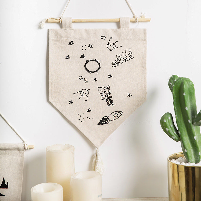 Decorative cotton wall hanging in pennant style with tassels and minimalist prints Stornfield