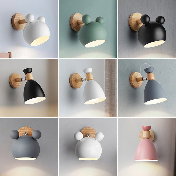 Bear/Bell Rotating Wall Mounted Lamp Macaron Iron 1-Head Bedside Reading Wall Light in White/Pink/Green and Wood | Stornfield