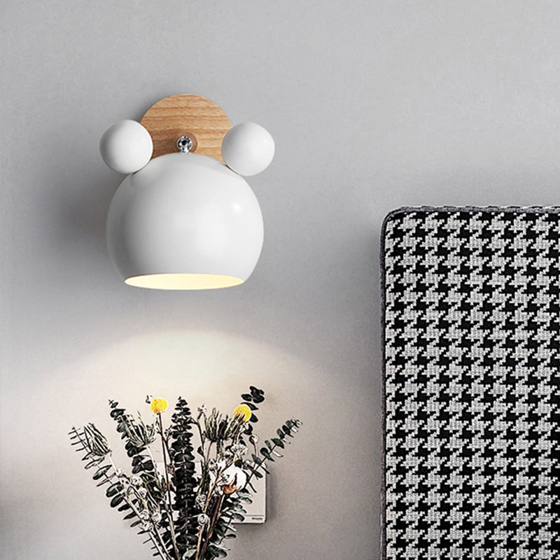 Bear/Bell Rotating Wall Mounted Lamp Macaron Iron 1-Head Bedside Reading Wall Light in White/Pink/Green and Wood | Stornfield