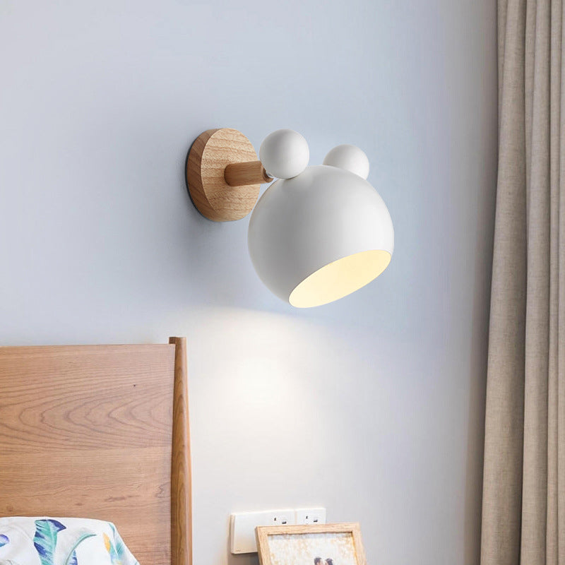 Bear/Bell Rotating Wall Mounted Lamp Macaron Iron 1-Head Bedside Reading Wall Light in White/Pink/Green and Wood | Stornfield