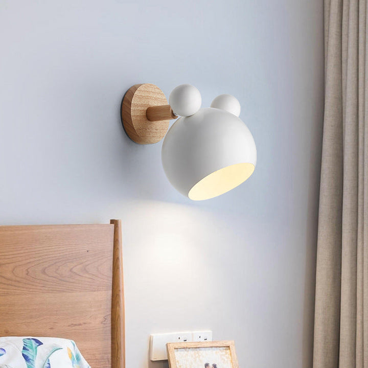 Bear/Bell Rotating Wall Mounted Lamp Macaron Iron 1-Head Bedside Reading Wall Light in White/Pink/Green and Wood | Stornfield