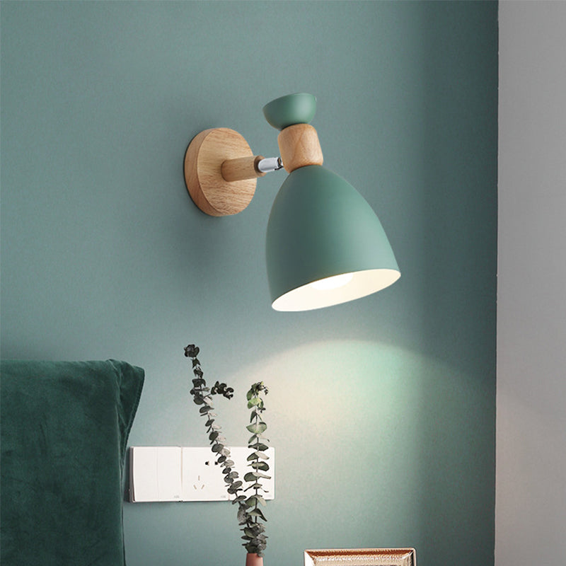 Bear/Bell Rotating Wall Mounted Lamp Macaron Iron 1-Head Bedside Reading Wall Light in White/Pink/Green and Wood | Stornfield
