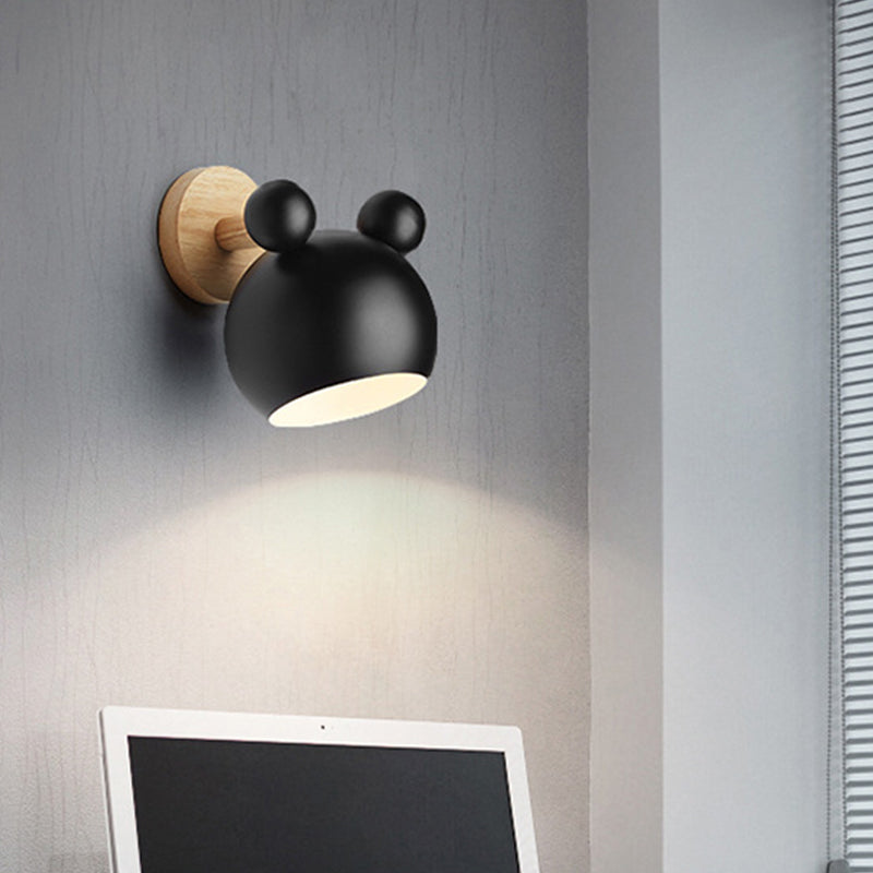 Bear/Bell Rotating Wall Mounted Lamp Macaron Iron 1-Head Bedside Reading Wall Light in White/Pink/Green and Wood | Stornfield