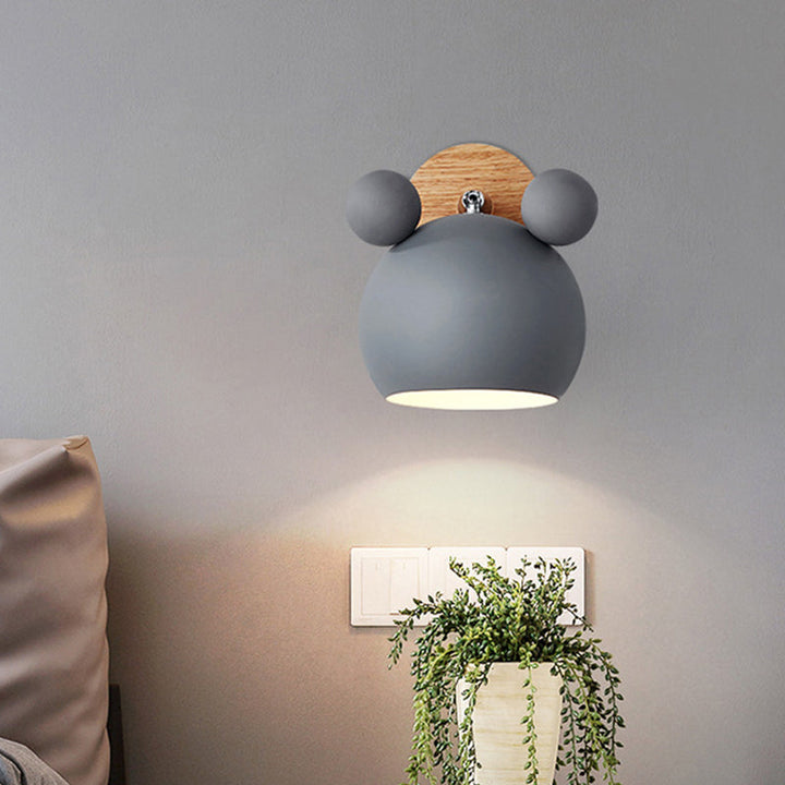 Bear/Bell Rotating Wall Mounted Lamp Macaron Iron 1-Head Bedside Reading Wall Light in White/Pink/Green and Wood | Stornfield