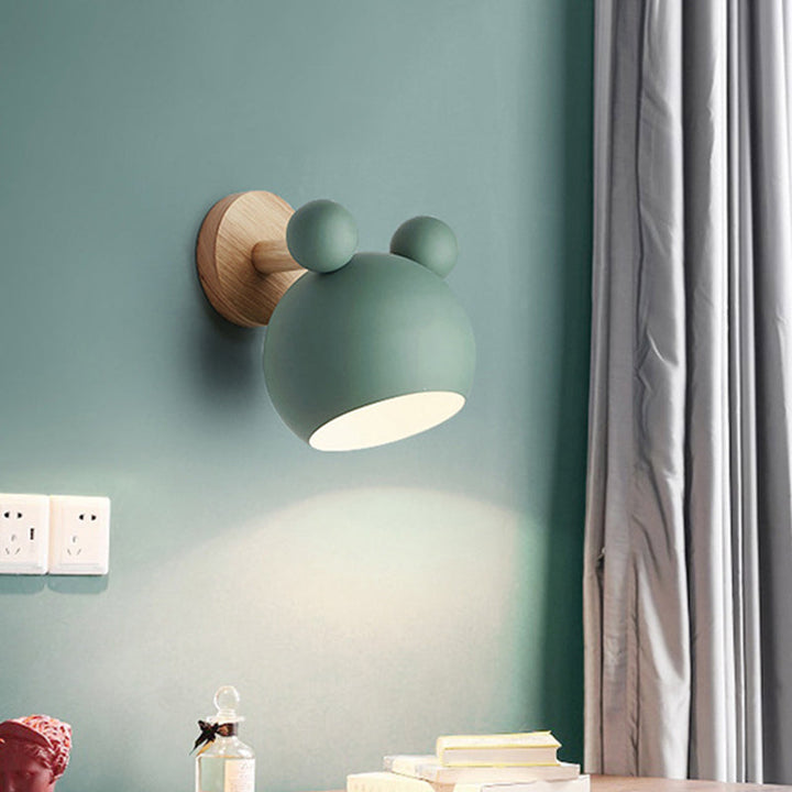 Bear/Bell Rotating Wall Mounted Lamp Macaron Iron 1-Head Bedside Reading Wall Light in White/Pink/Green and Wood | Stornfield