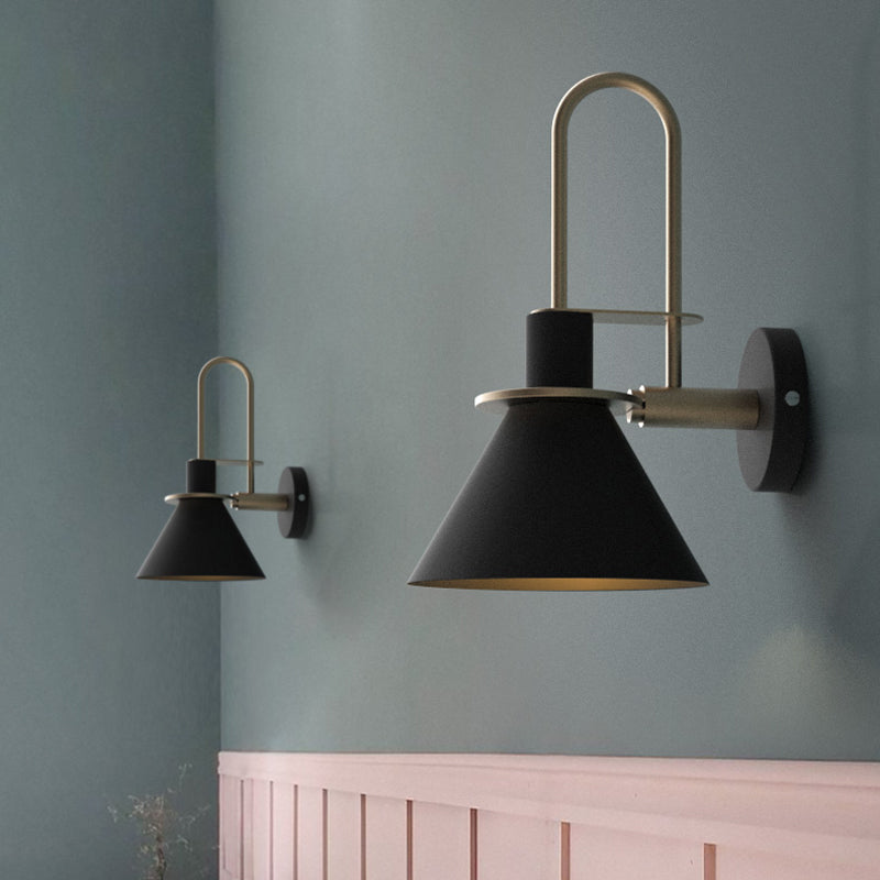 Black/White/Green Cone Wall Lamp Macaron 1-Light Metal Wall Mounted Light with Arched Arm for Bedroom, Warm/White Light | Stornfield