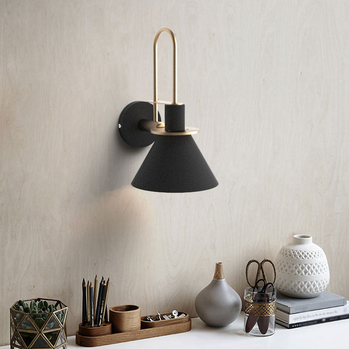 Black/White/Green Cone Wall Lamp Macaron 1-Light Metal Wall Mounted Light with Arched Arm for Bedroom, Warm/White Light | Stornfield