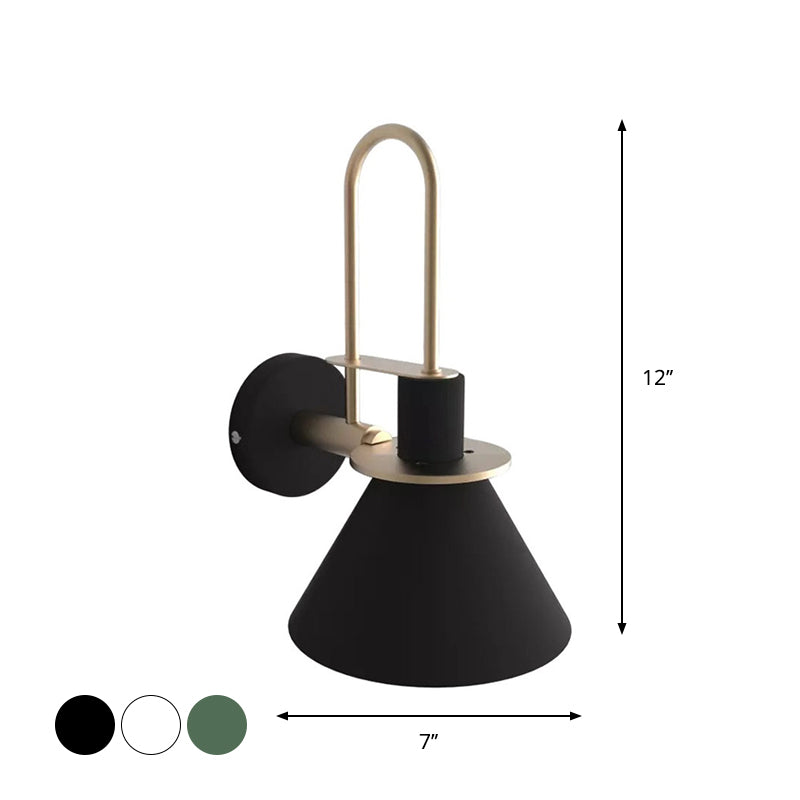 Black/White/Green Cone Wall Lamp Macaron 1-Light Metal Wall Mounted Light with Arched Arm for Bedroom, Warm/White Light | Stornfield