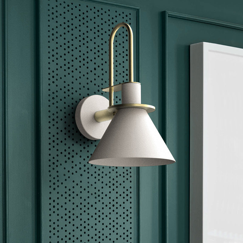 Black/White/Green Cone Wall Lamp Macaron 1-Light Metal Wall Mounted Light with Arched Arm for Bedroom, Warm/White Light | Stornfield