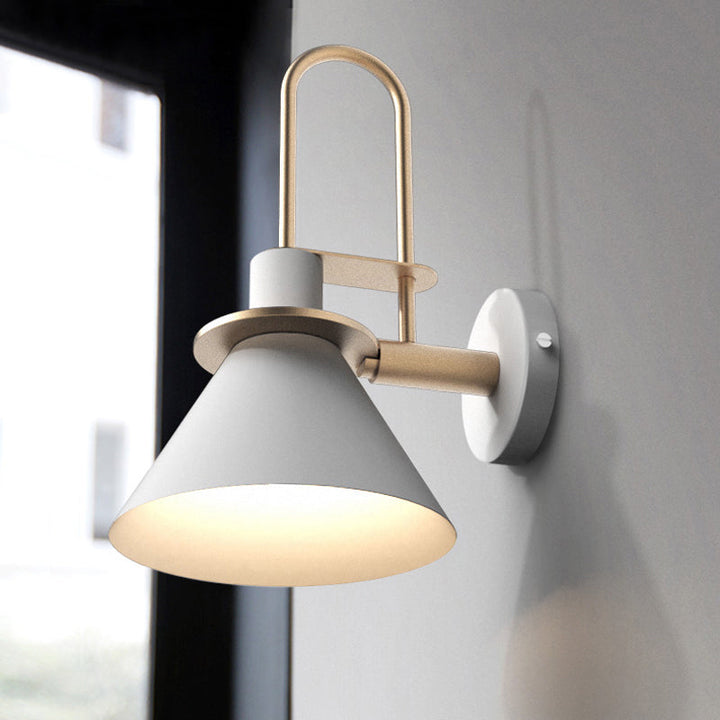 Black/White/Green Cone Wall Lamp Macaron 1-Light Metal Wall Mounted Light with Arched Arm for Bedroom, Warm/White Light | Stornfield