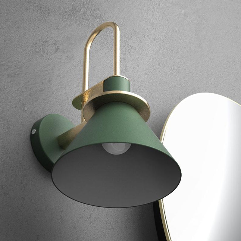 Black/White/Green Cone Wall Lamp Macaron 1-Light Metal Wall Mounted Light with Arched Arm for Bedroom, Warm/White Light | Stornfield