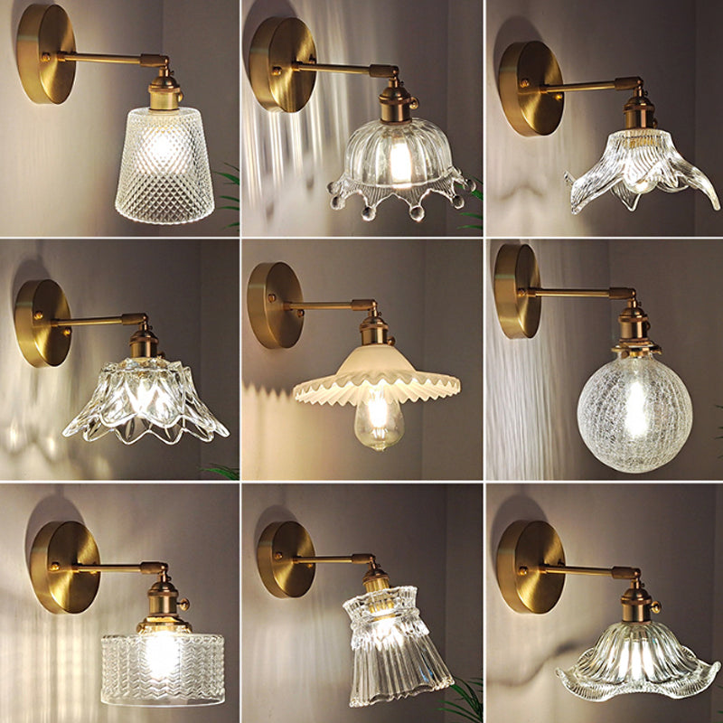 Iron Brass Finish Wall Reading Light Swing Arm 1-Light Industrial Wall Mounted Lamp with Blossom/Bowl Clear Glass Shade | Stornfield