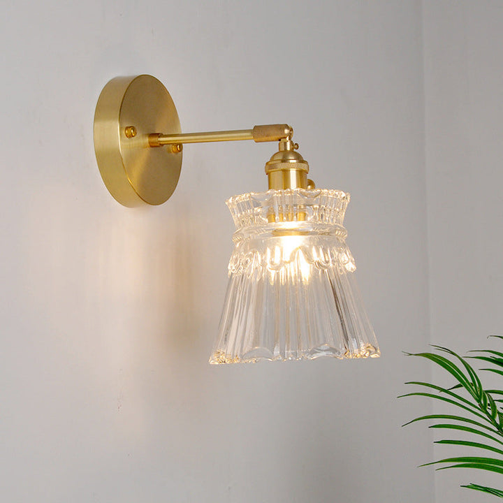 Iron Brass Finish Wall Reading Light Swing Arm 1-Light Industrial Wall Mounted Lamp with Blossom/Bowl Clear Glass Shade | Stornfield