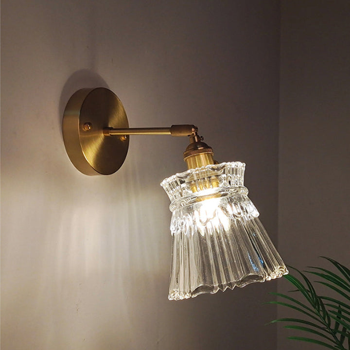 Iron Brass Finish Wall Reading Light Swing Arm 1-Light Industrial Wall Mounted Lamp with Blossom/Bowl Clear Glass Shade | Stornfield