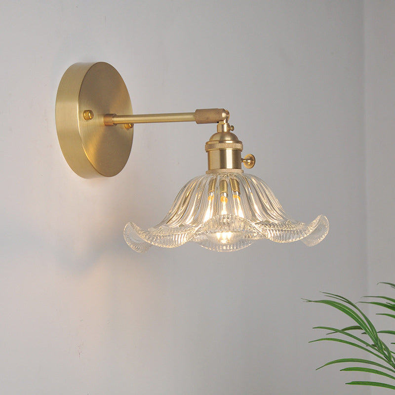 Iron Brass Finish Wall Reading Light Swing Arm 1-Light Industrial Wall Mounted Lamp with Blossom/Bowl Clear Glass Shade | Stornfield