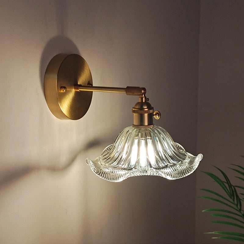 Iron Brass Finish Wall Reading Light Swing Arm 1-Light Industrial Wall Mounted Lamp with Blossom/Bowl Clear Glass Shade | Stornfield