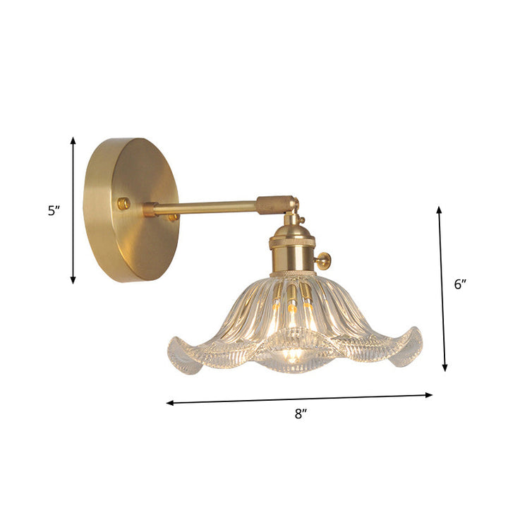Iron Brass Finish Wall Reading Light Swing Arm 1-Light Industrial Wall Mounted Lamp with Blossom/Bowl Clear Glass Shade | Stornfield