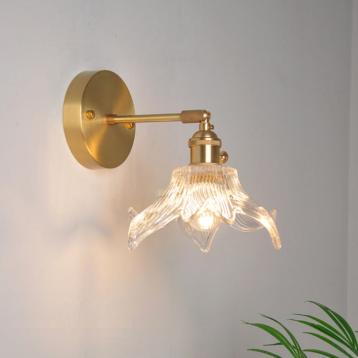 Iron Brass Finish Wall Reading Light Swing Arm 1-Light Industrial Wall Mounted Lamp with Blossom/Bowl Clear Glass Shade | Stornfield