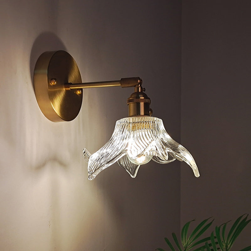 Iron Brass Finish Wall Reading Light Swing Arm 1-Light Industrial Wall Mounted Lamp with Blossom/Bowl Clear Glass Shade | Stornfield