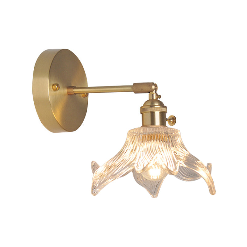 Iron Brass Finish Wall Reading Light Swing Arm 1-Light Industrial Wall Mounted Lamp with Blossom/Bowl Clear Glass Shade | Stornfield