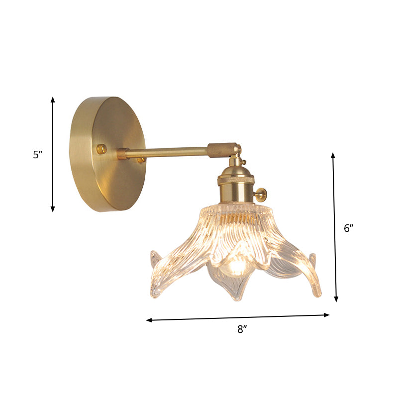 Iron Brass Finish Wall Reading Light Swing Arm 1-Light Industrial Wall Mounted Lamp with Blossom/Bowl Clear Glass Shade | Stornfield