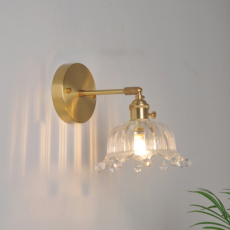 Iron Brass Finish Wall Reading Light Swing Arm 1-Light Industrial Wall Mounted Lamp with Blossom/Bowl Clear Glass Shade | Stornfield