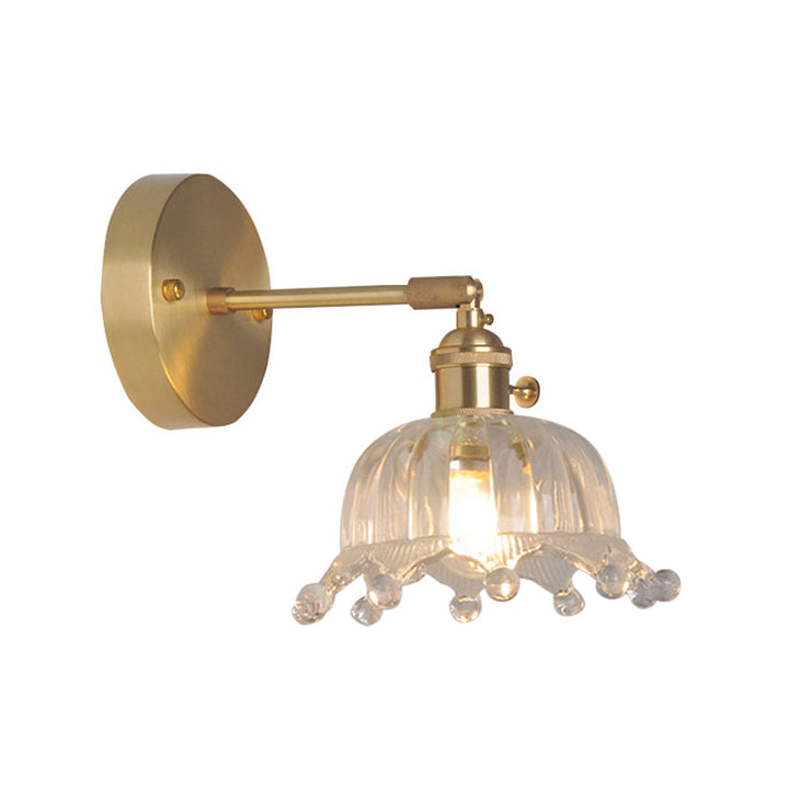 Iron Brass Finish Wall Reading Light Swing Arm 1-Light Industrial Wall Mounted Lamp with Blossom/Bowl Clear Glass Shade | Stornfield