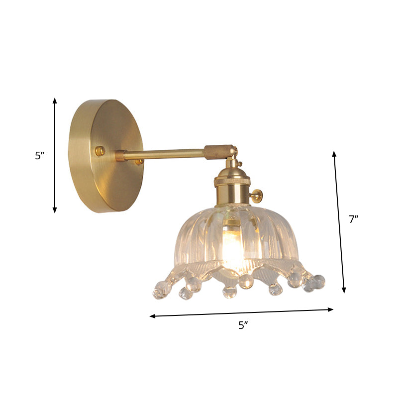 Iron Brass Finish Wall Reading Light Swing Arm 1-Light Industrial Wall Mounted Lamp with Blossom/Bowl Clear Glass Shade | Stornfield