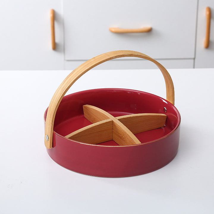 Round serving and storage set with bamboo handle and three-part interior divider