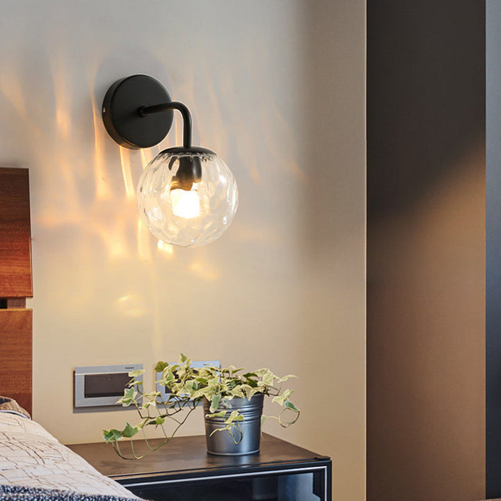 Ball Shaped Wall Lamp Minimalist Clear Rippling Glass 1-Light Bedroom Wall Mounted Lighting with Bent Arm in Black/Gold | Stornfield