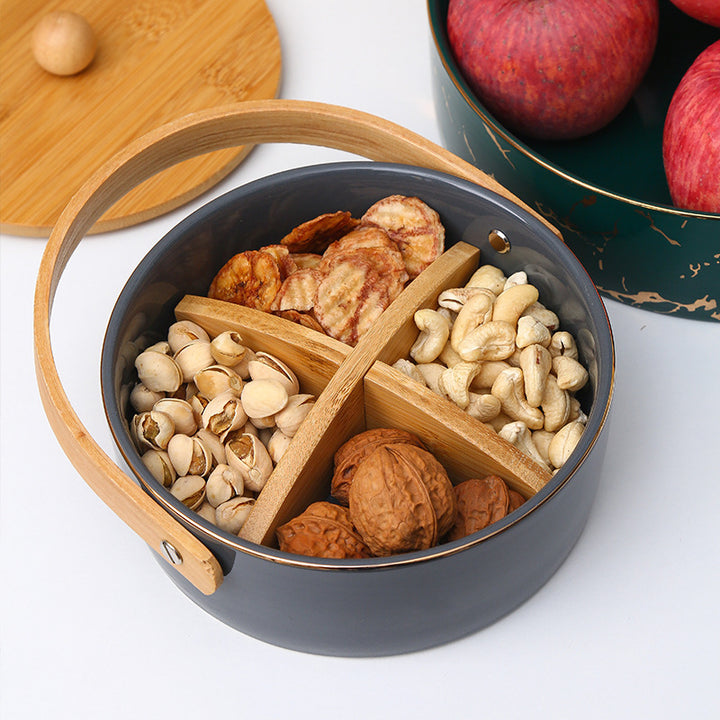 Round serving and storage set with bamboo handle and three-part interior divider
