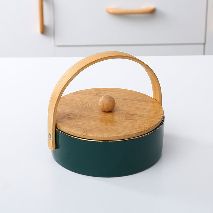 Round serving and storage set with bamboo handle and three-part interior divider