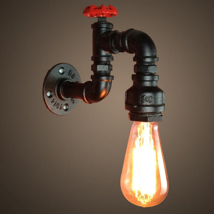 Black Faucet Wall Mount Lamp Steampunk Iron 1-Light Living Room Wall Light Kit with Red Valve | Stornfield