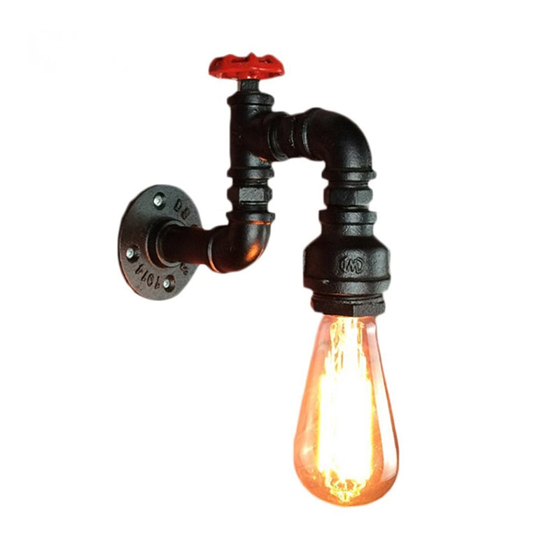 Black Faucet Wall Mount Lamp Steampunk Iron 1-Light Living Room Wall Light Kit with Red Valve | Stornfield