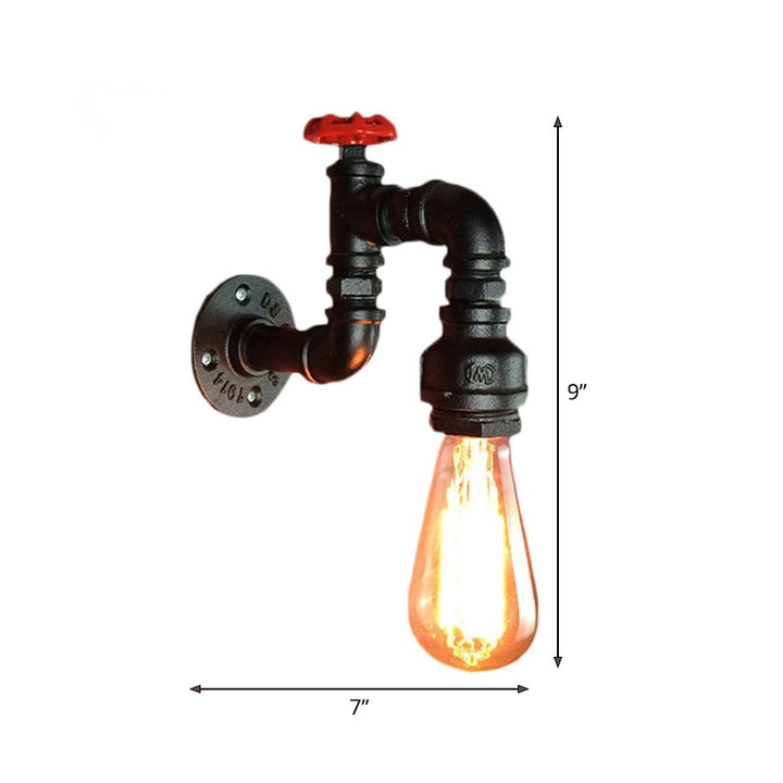 Black Faucet Wall Mount Lamp Steampunk Iron 1-Light Living Room Wall Light Kit with Red Valve | Stornfield