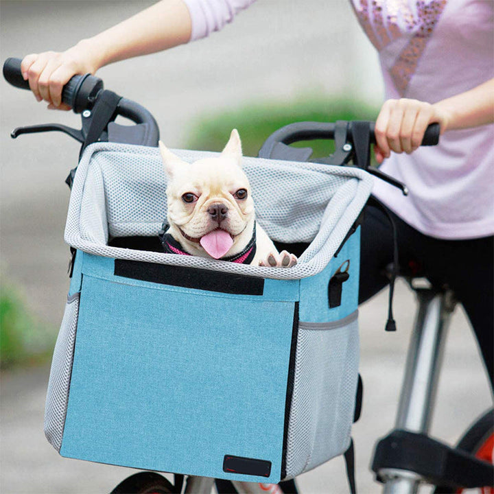front bicycle pet carrier basket with padded base and safety tether Stornfield