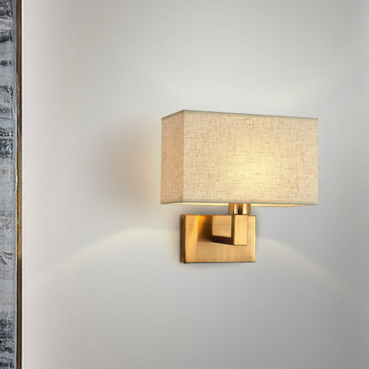 Postmodern Cuboid Sconce Lamp Fabric 1-Light Bedside Reading Wall Light in White/Beige/Brown with Black/Gold Arm | Stornfield